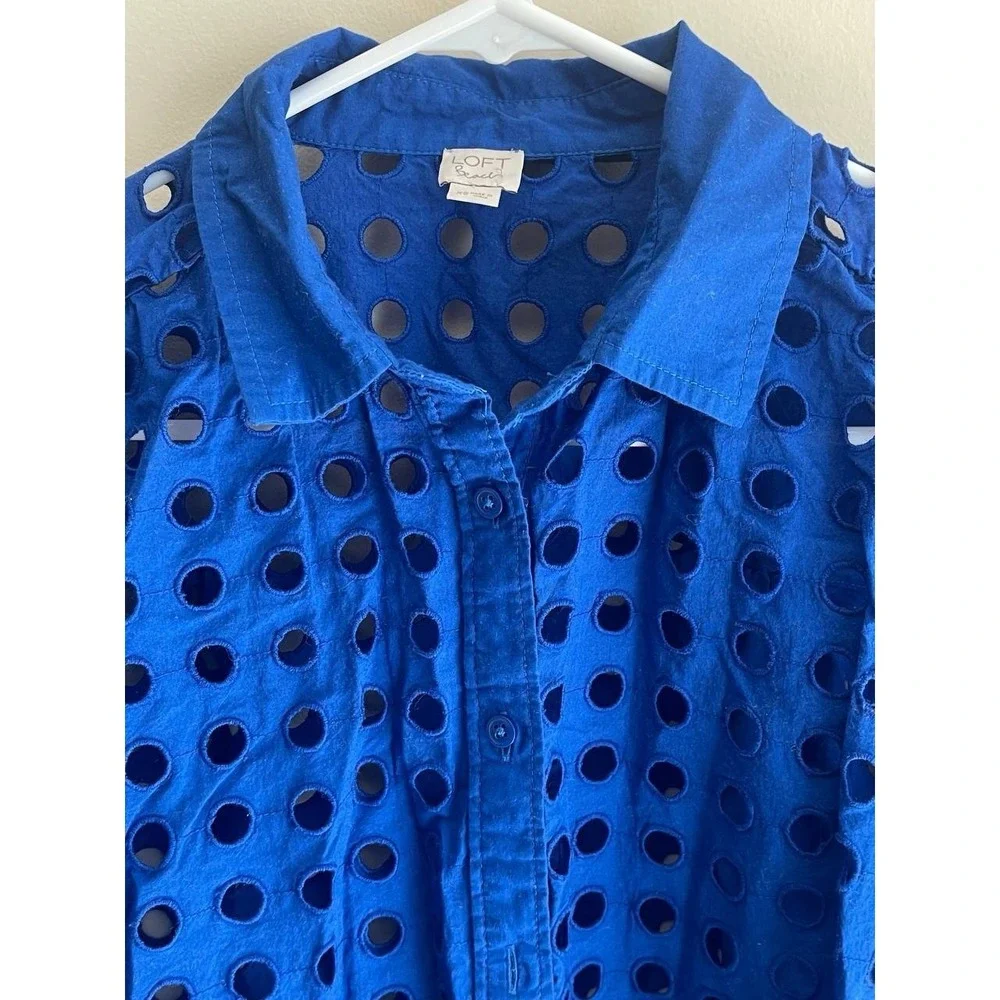 LOFT Beach Cobalt Blue Eyelet Set Button Down Shirt &‎ Shorts Top XS Shorts S